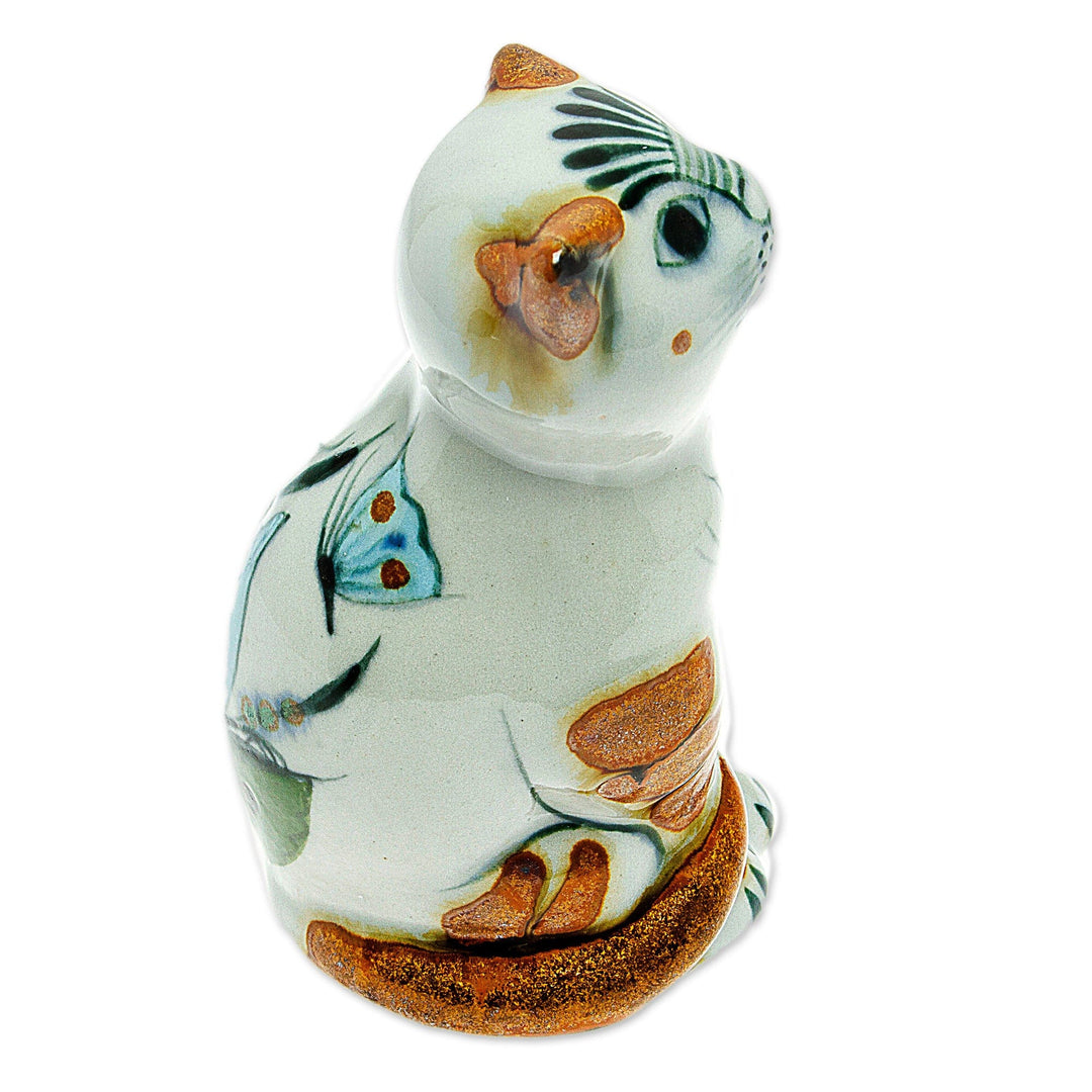 Cat Themed Ceramic Figurine Hand-Painted in Mexico - Traditional Cat