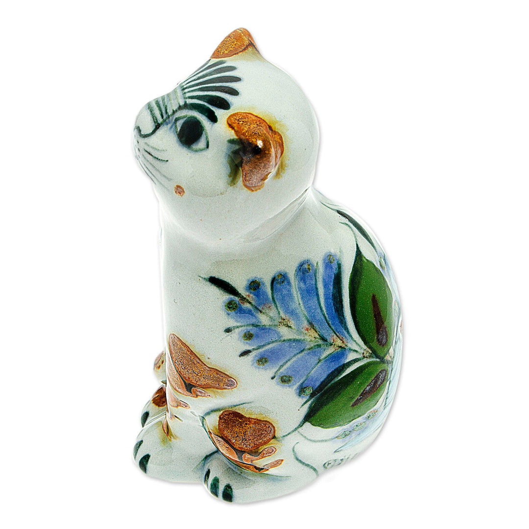 Cat Themed Ceramic Figurine Hand-Painted in Mexico - Traditional Cat