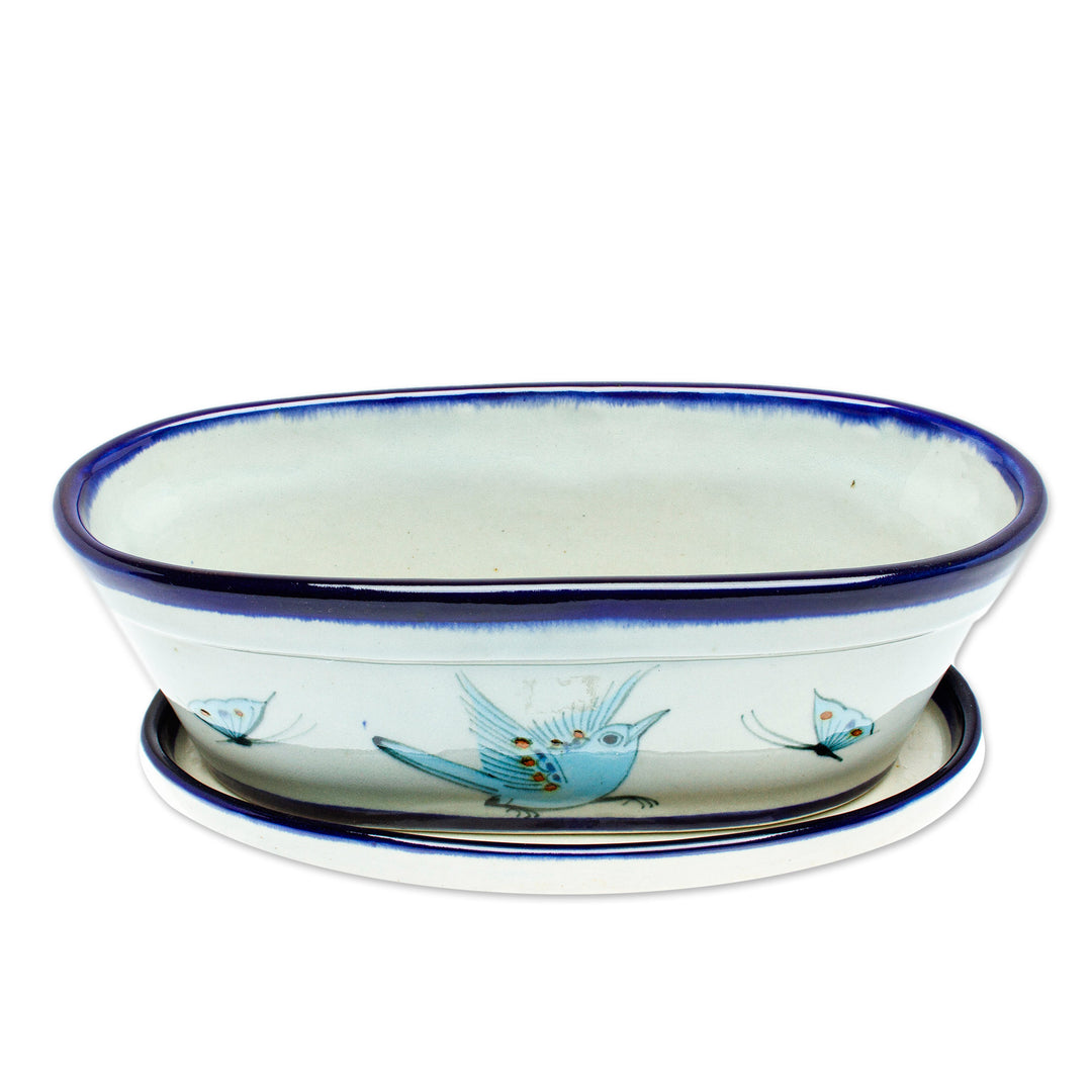 Hand-Painted Ceramic Flower Pot from Mexico - Bird Garden