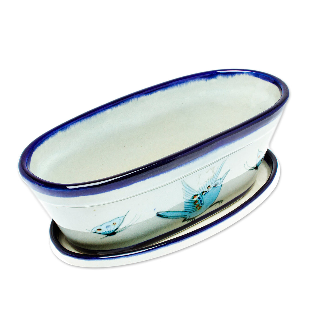 Hand-Painted Ceramic Flower Pot from Mexico - Bird Garden