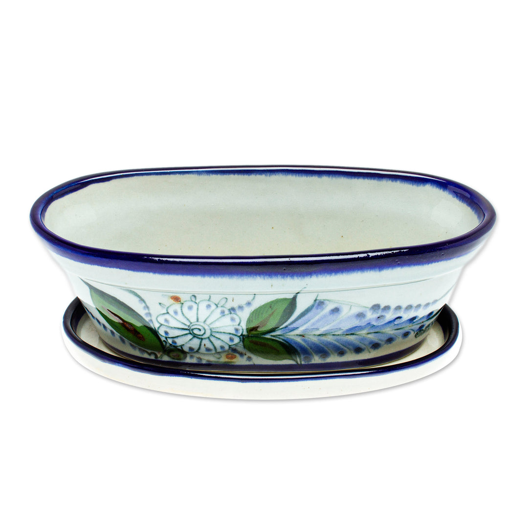 Hand-Painted Ceramic Flower Pot from Mexico - Bird Garden