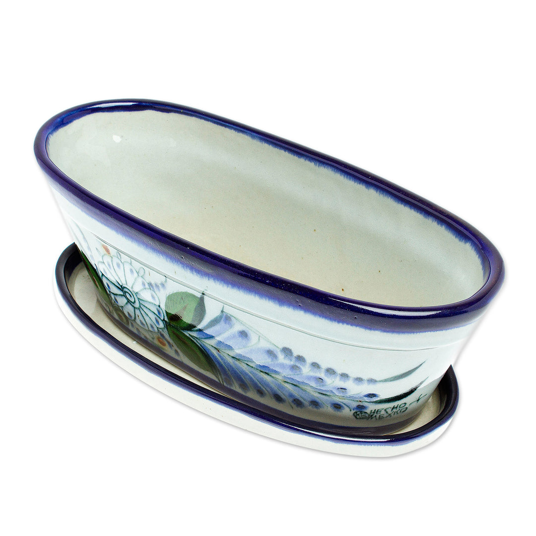 Hand-Painted Ceramic Flower Pot from Mexico - Bird Garden