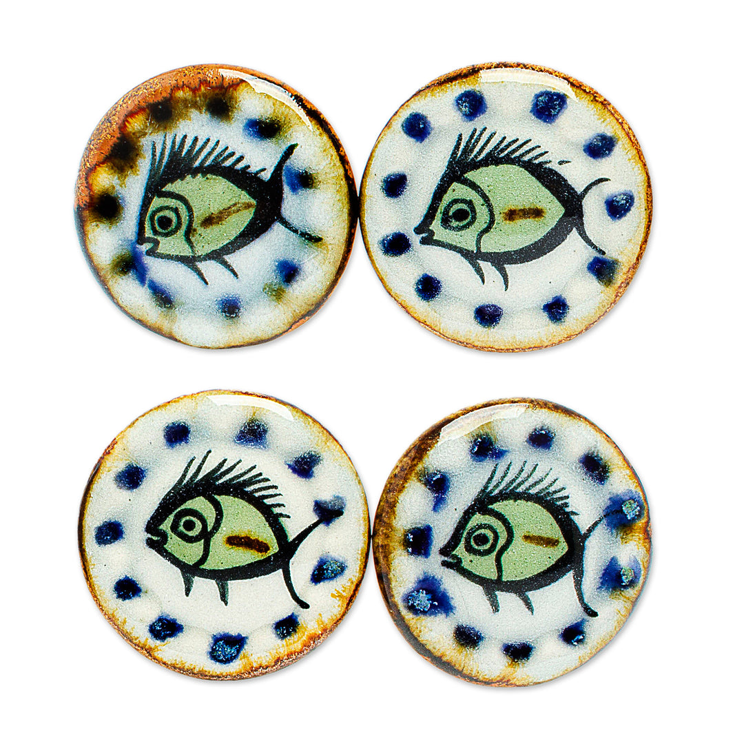 Set of 4 Fish Themed Ceramic Knobs Hand-Painted in Mexico - Marine Handiness