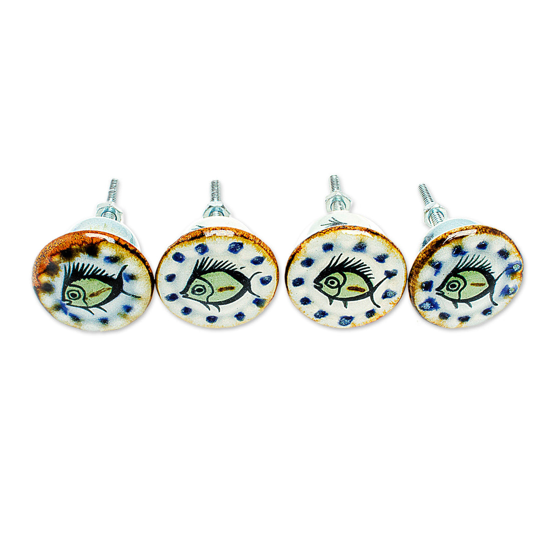 Set of 4 Fish Themed Ceramic Knobs Hand-Painted in Mexico - Marine Handiness