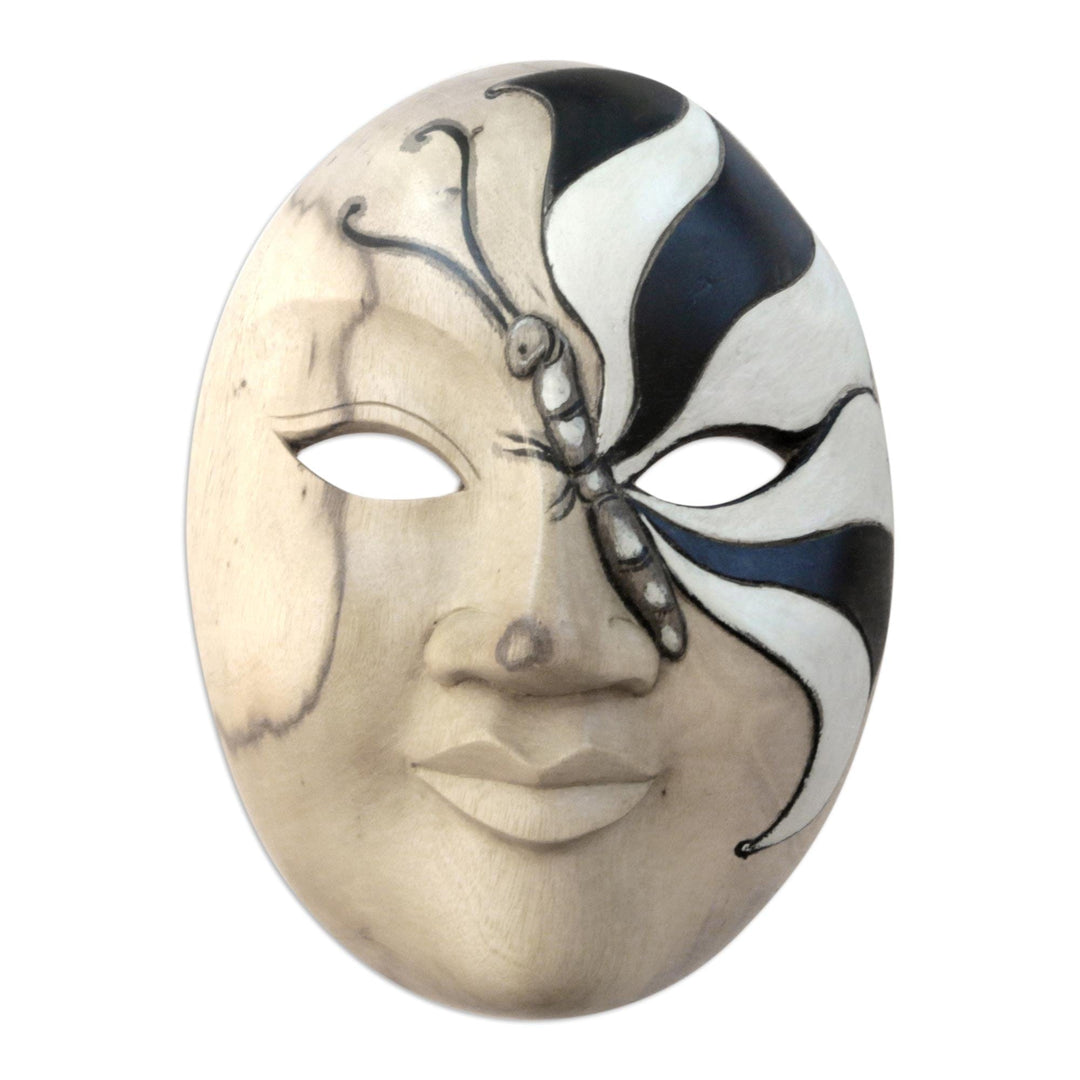 Balinese Hibiscus Wood Mask with Hand-Painted Butterfly - Feminine Butterfly