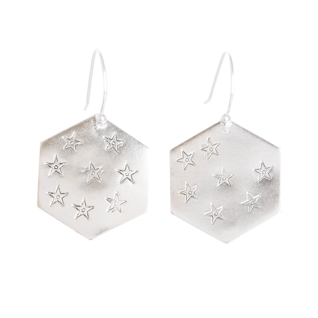 Star and Geometric Themed Sterling Silver Dangle Earrings - Hexagon of Stars