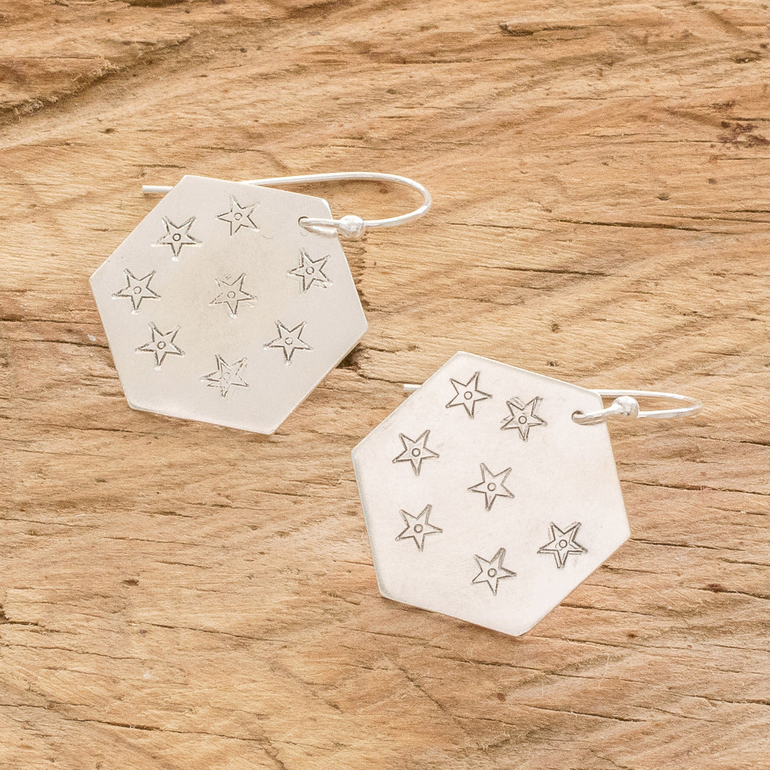 Star and Geometric Themed Sterling Silver Dangle Earrings - Hexagon of Stars