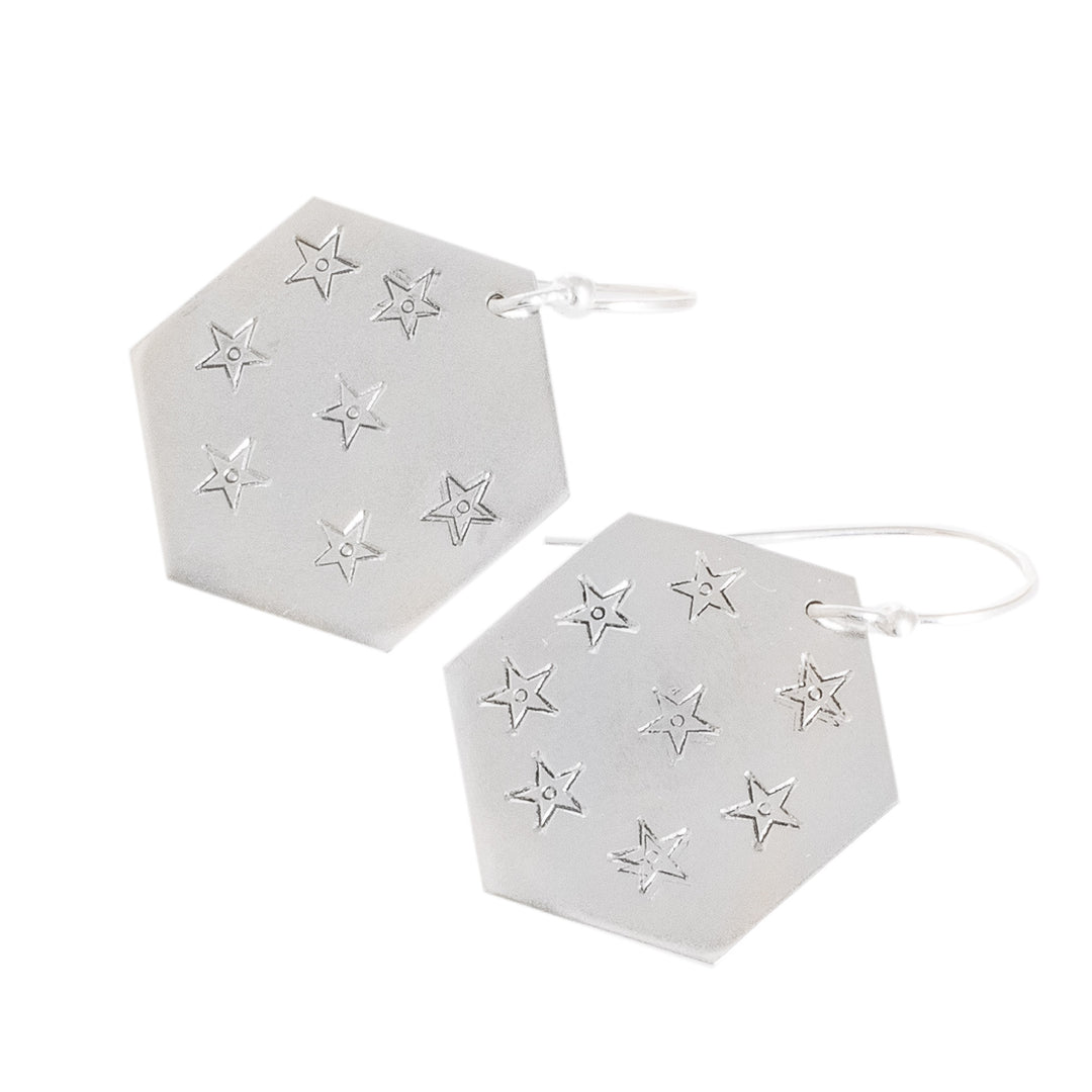Star and Geometric Themed Sterling Silver Dangle Earrings - Hexagon of Stars