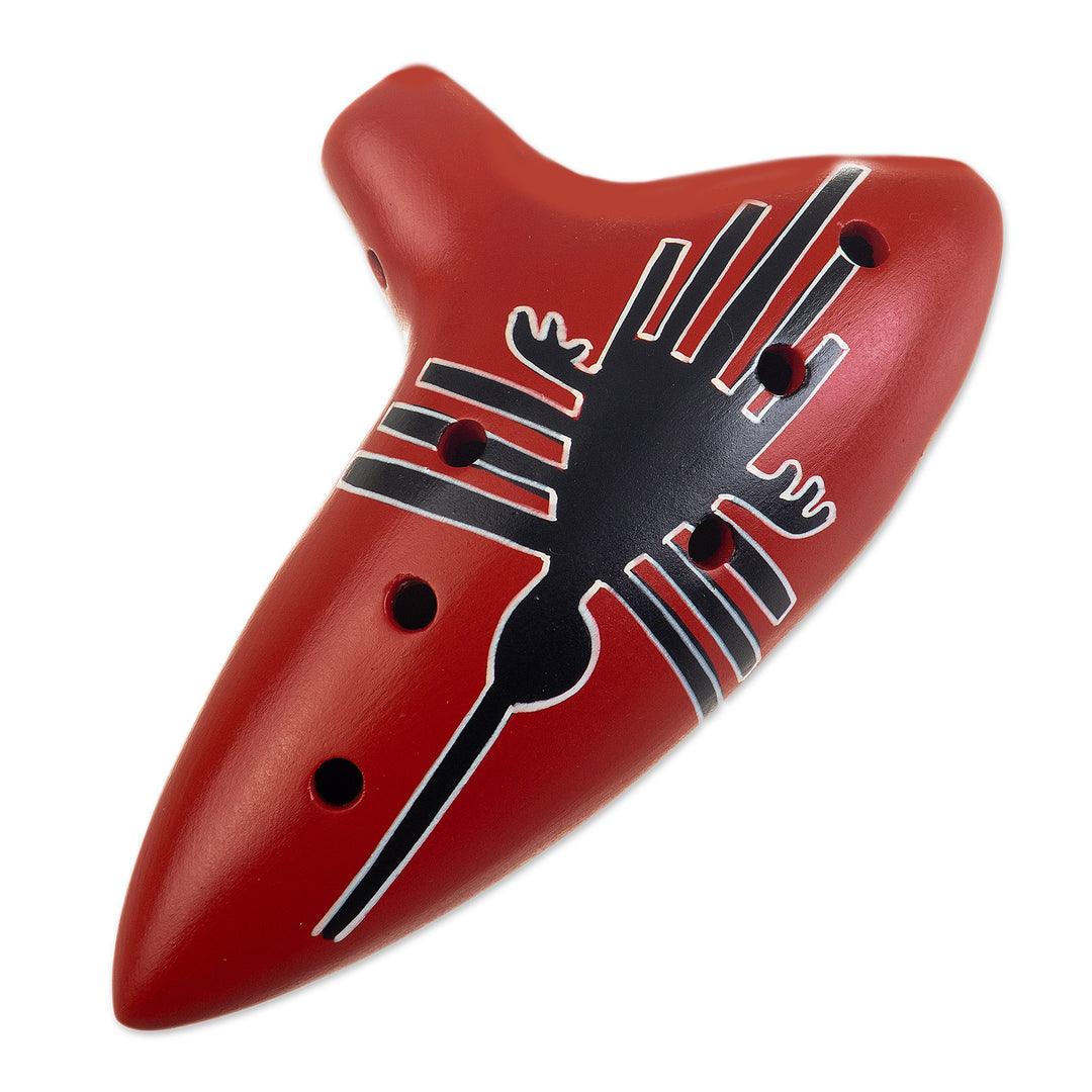 Red Ceramic Ocarina with Nazca Hummingbird from Peru - Harmony of the Hummingbird