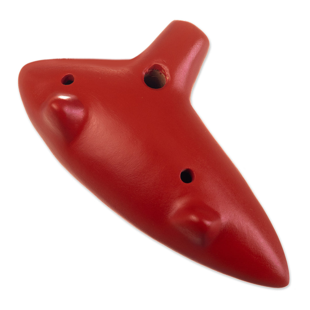 Red Ceramic Ocarina with Nazca Hummingbird from Peru - Harmony of the Hummingbird