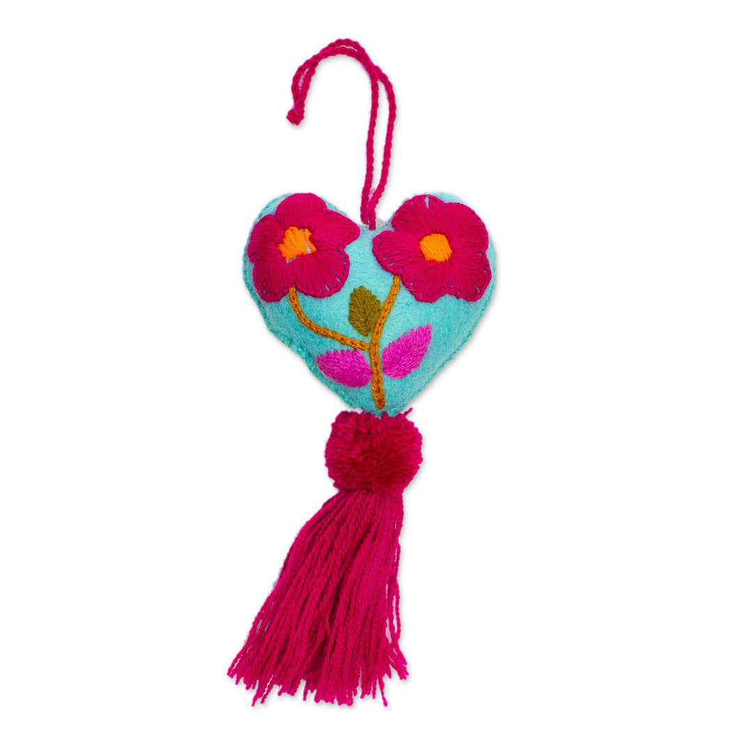 Hand-Embroidered Heart-Shaped Blue Wool Felt Ornament - Bright Floral Heart