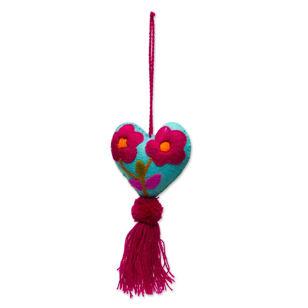 Hand-Embroidered Heart-Shaped Blue Wool Felt Ornament - Bright Floral Heart