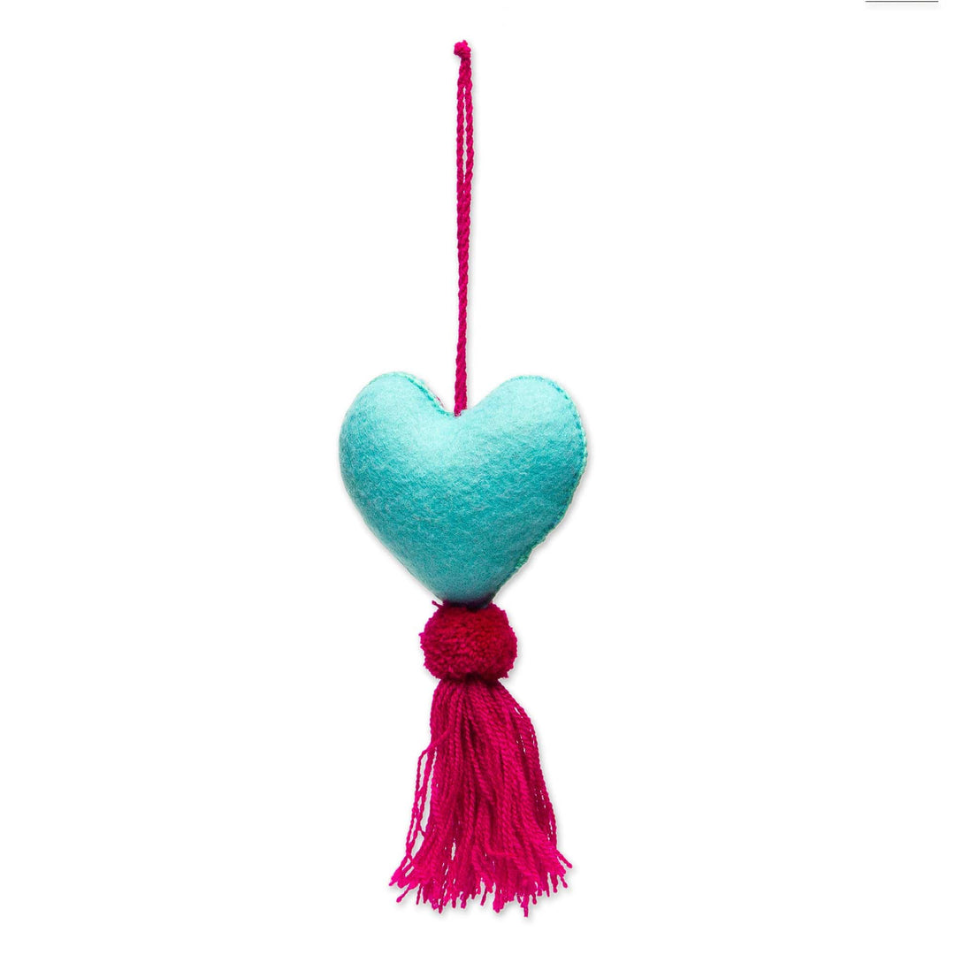 Hand-Embroidered Heart-Shaped Blue Wool Felt Ornament - Bright Floral Heart