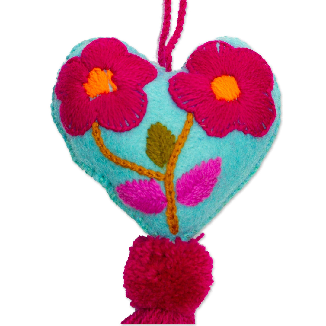 Hand-Embroidered Heart-Shaped Blue Wool Felt Ornament - Bright Floral Heart