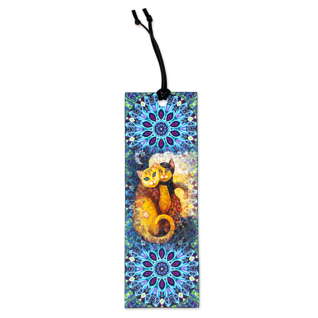 Cat-themed Blue Decoupage Bookmark with Cord from Mexico - Two Cats
