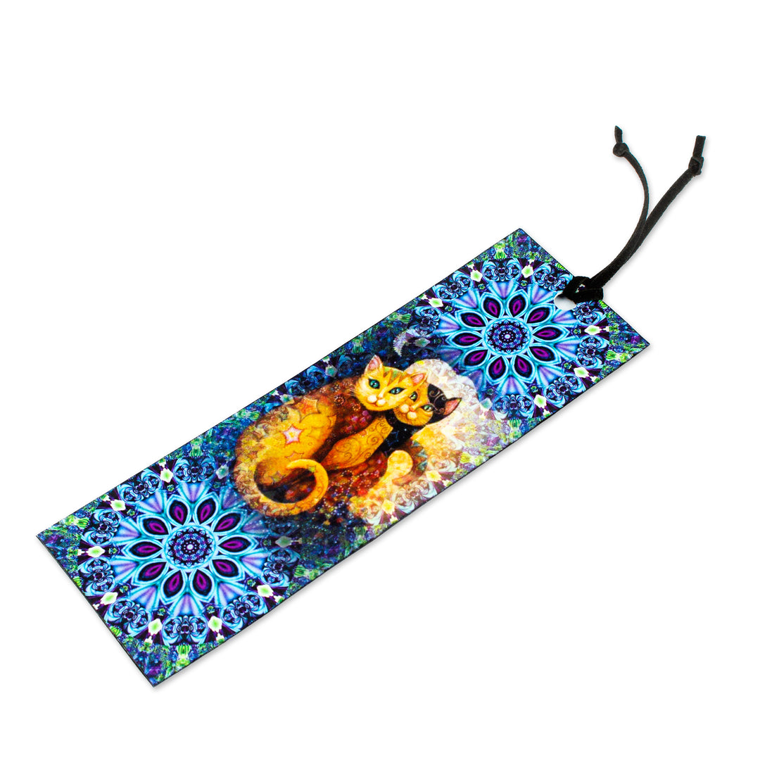 Cat-themed Blue Decoupage Bookmark with Cord from Mexico - Two Cats