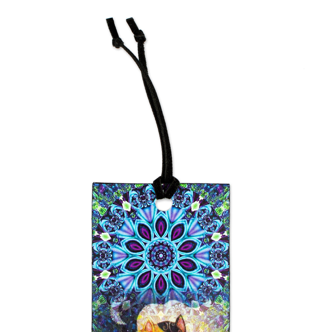 Cat-themed Blue Decoupage Bookmark with Cord from Mexico - Two Cats