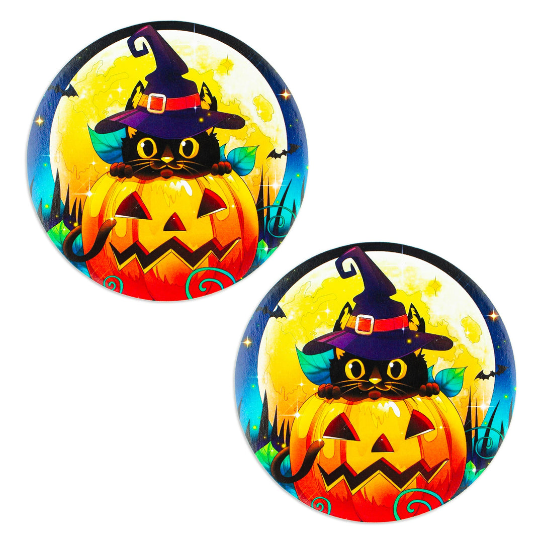 Pair of Artisan Crafted Wood Decoupage Coasters from Mexico - Feline Halloween