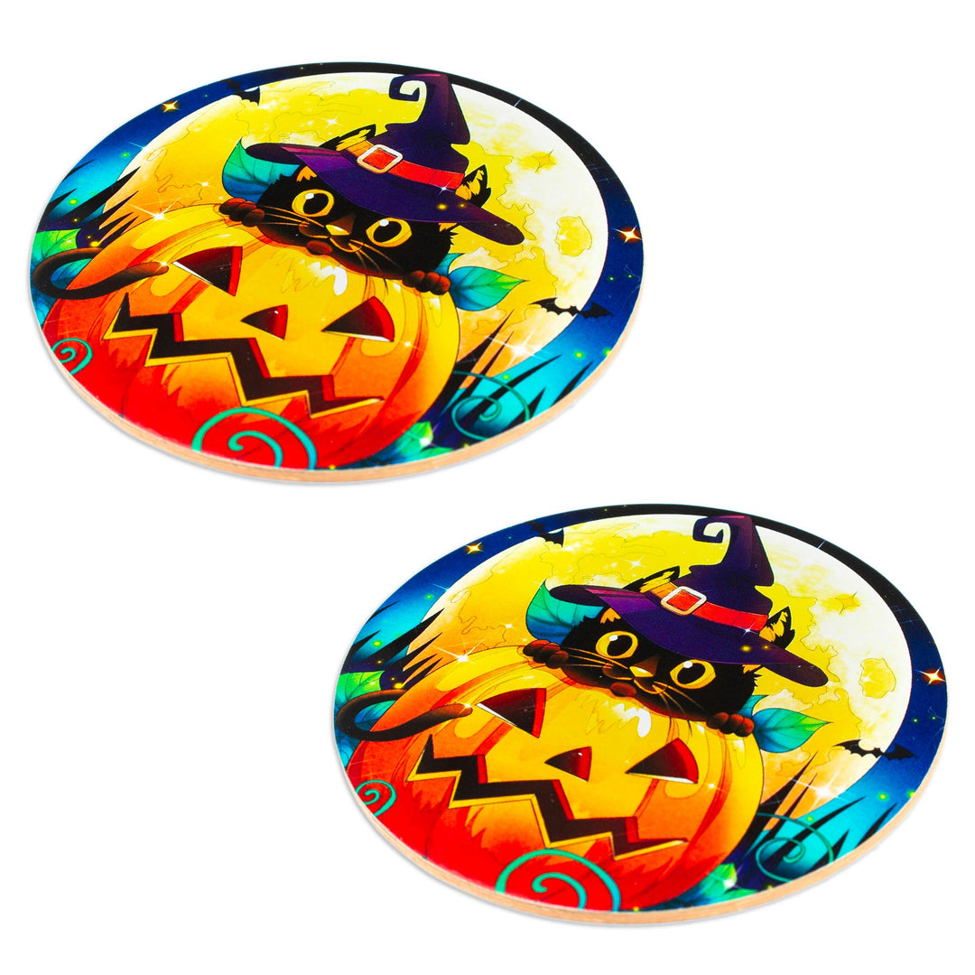 Pair of Artisan Crafted Wood Decoupage Coasters from Mexico - Feline Halloween