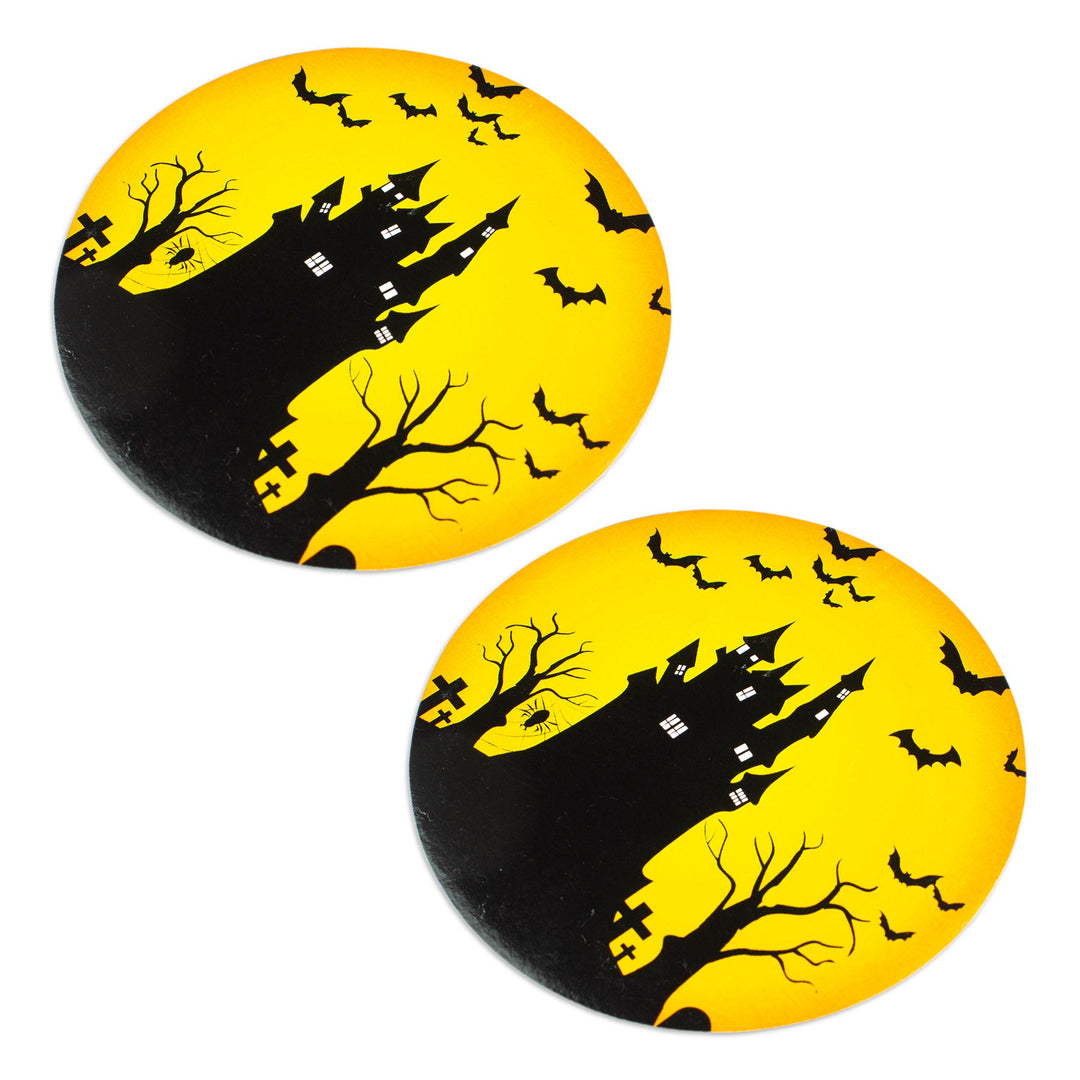 Pair of Handmade Halloween Decoupage Coasters from Mexico - Haunted House