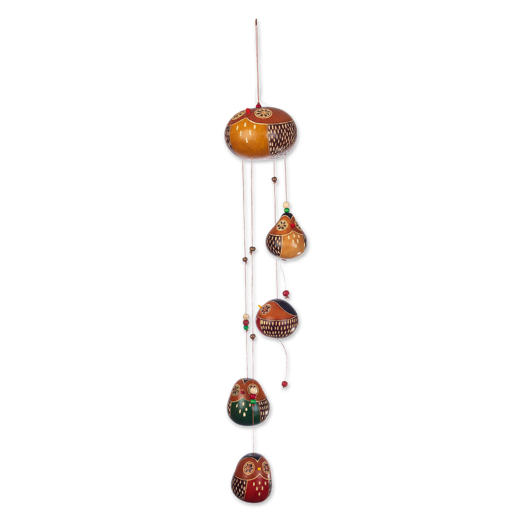 Hand-painted and Owl-themed Dried Gourd Mobile from Peru - Magical Owls