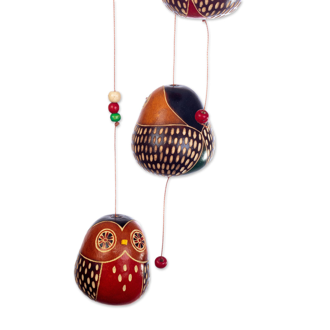 Hand-painted and Owl-themed Dried Gourd Mobile from Peru - Magical Owls