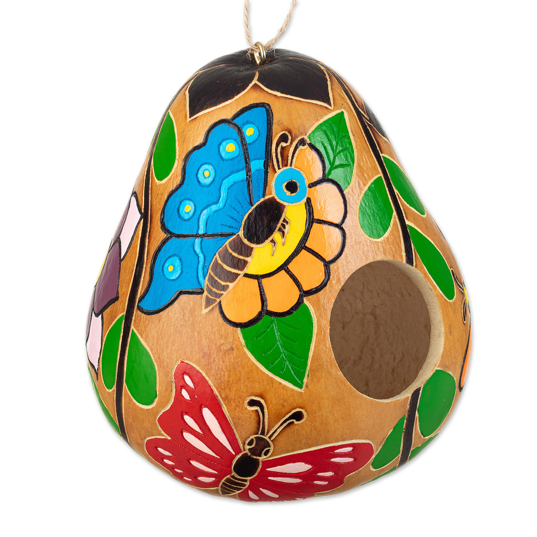 Hand-painted Butterfly-theme Dried Gourd Birdhouse from Peru - Flight of the Butterfly