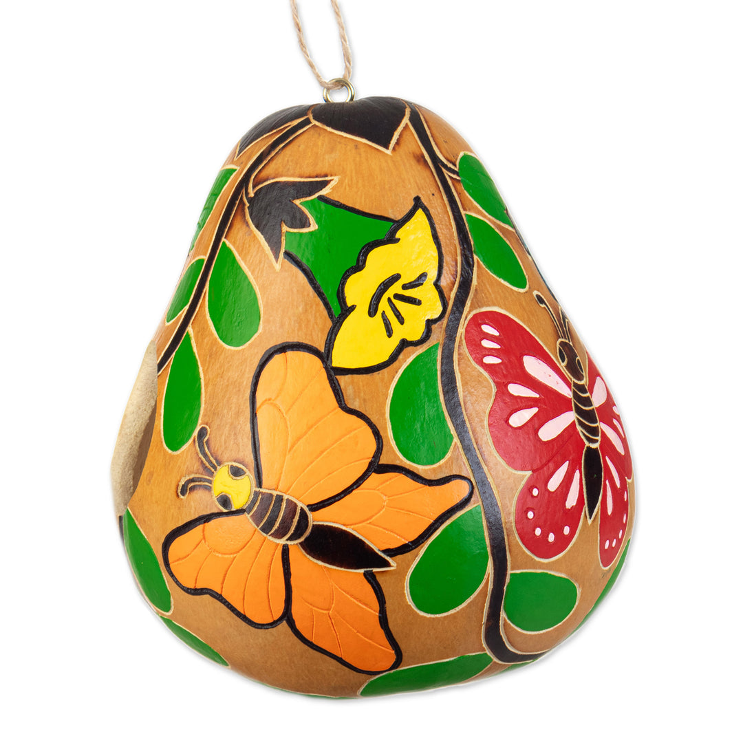 Hand-painted Butterfly-theme Dried Gourd Birdhouse from Peru - Flight of the Butterfly