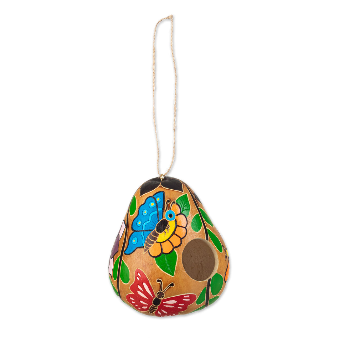 Hand-painted Butterfly-theme Dried Gourd Birdhouse from Peru - Flight of the Butterfly