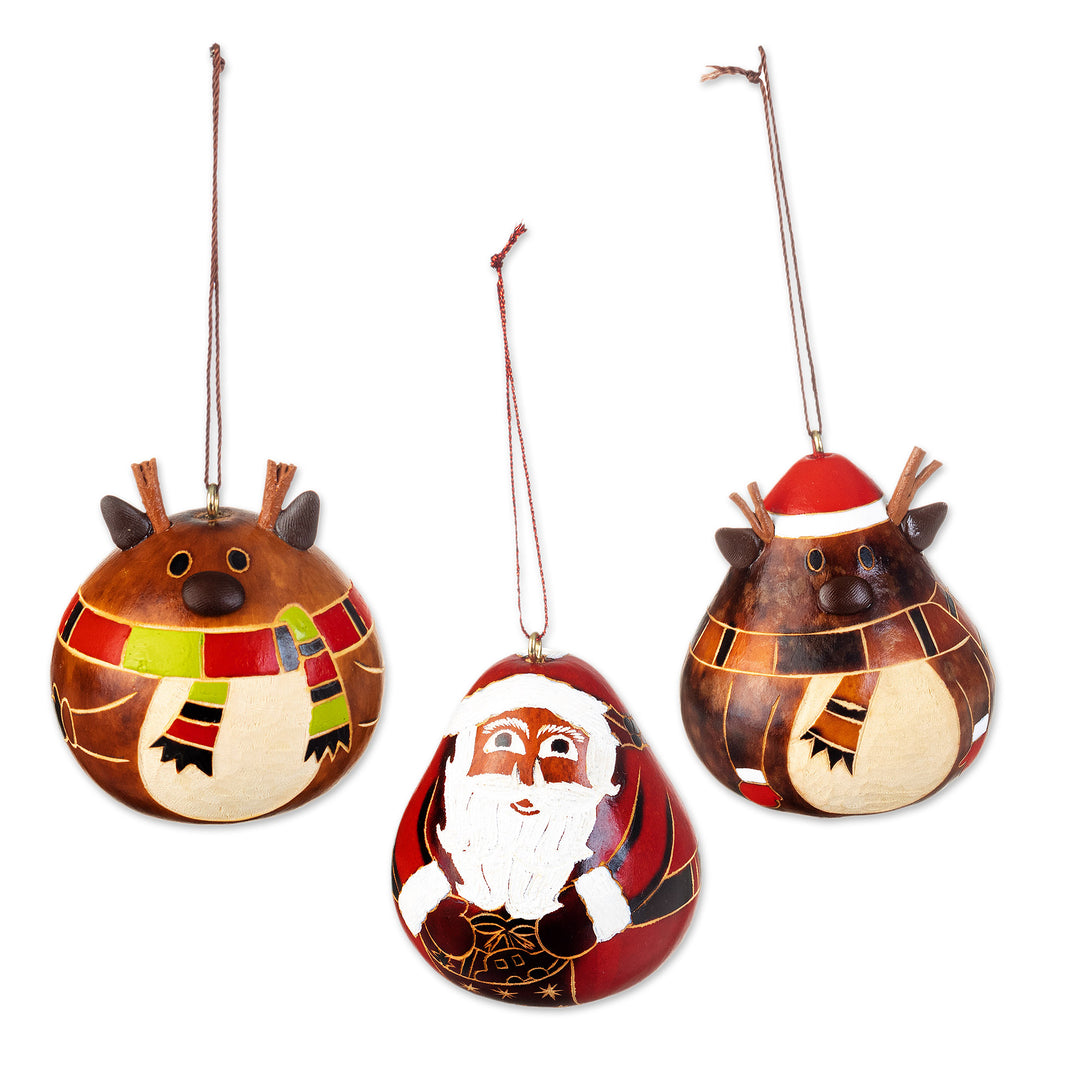 Peruvian Hand-painted Set of 3 Dried Gourd Holiday Ornaments - Santa and His Reindeer