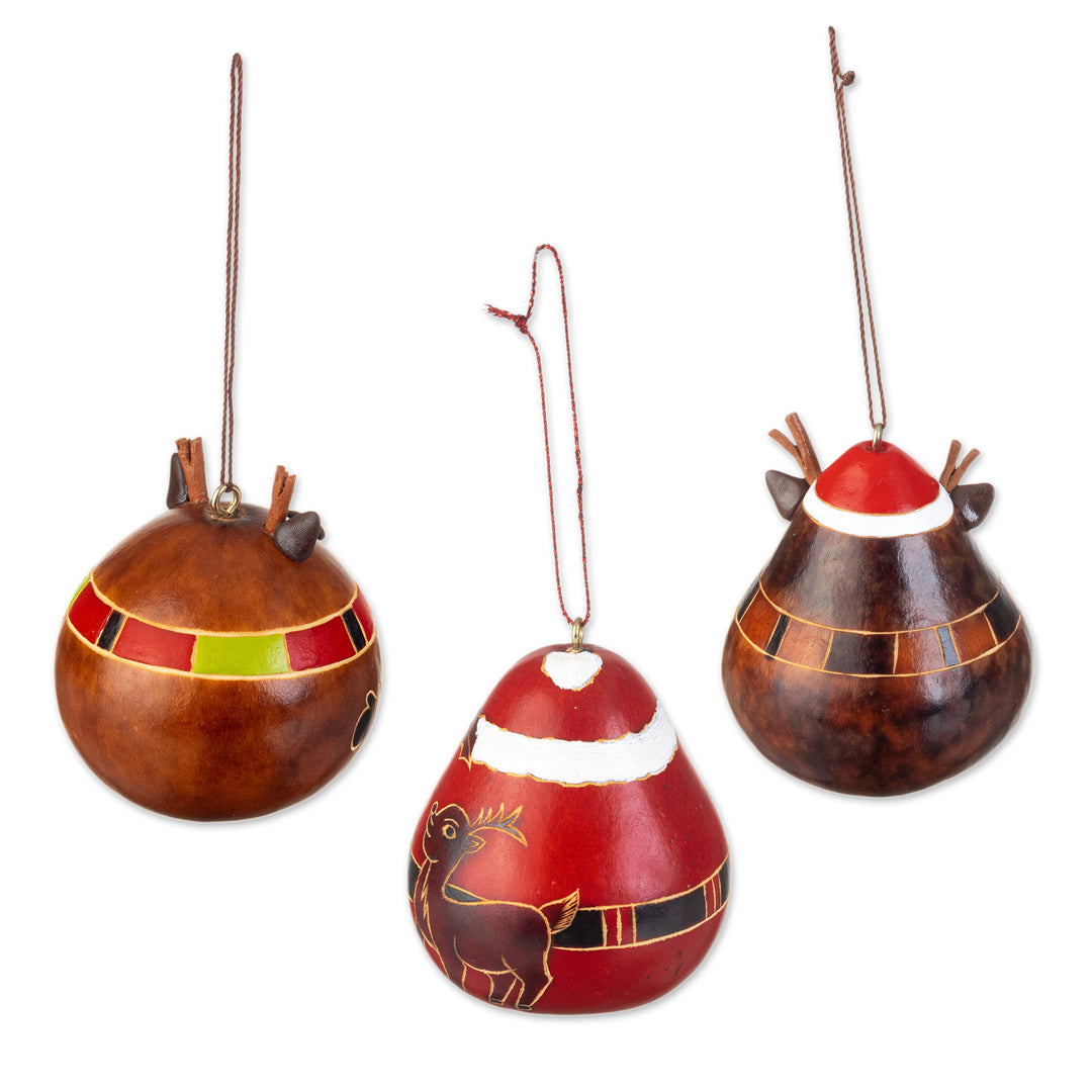 Peruvian Hand-painted Set of 3 Dried Gourd Holiday Ornaments - Santa and His Reindeer