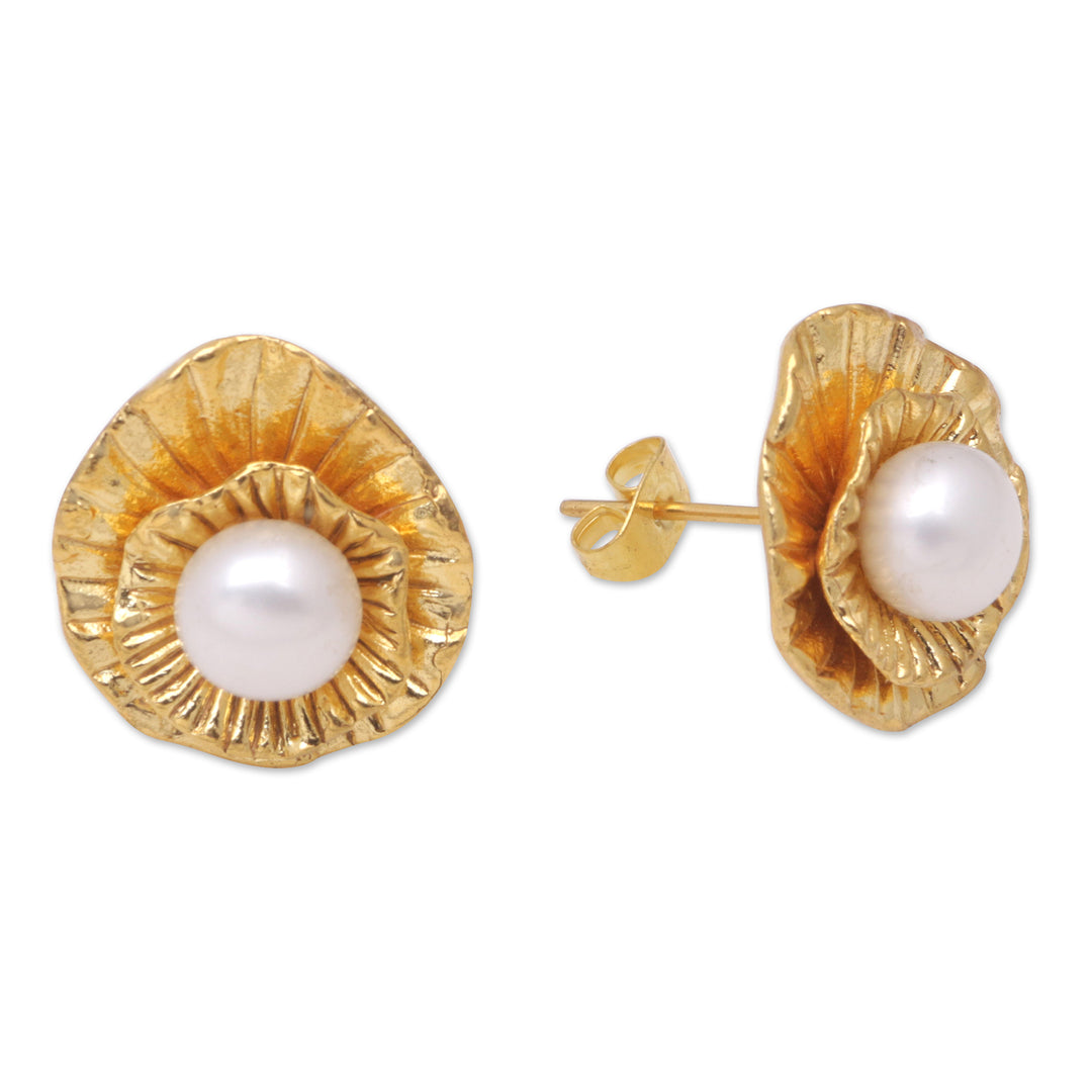 22k Gold-Plated Button Earrings with Cultured Pearls - Pearly Lotus