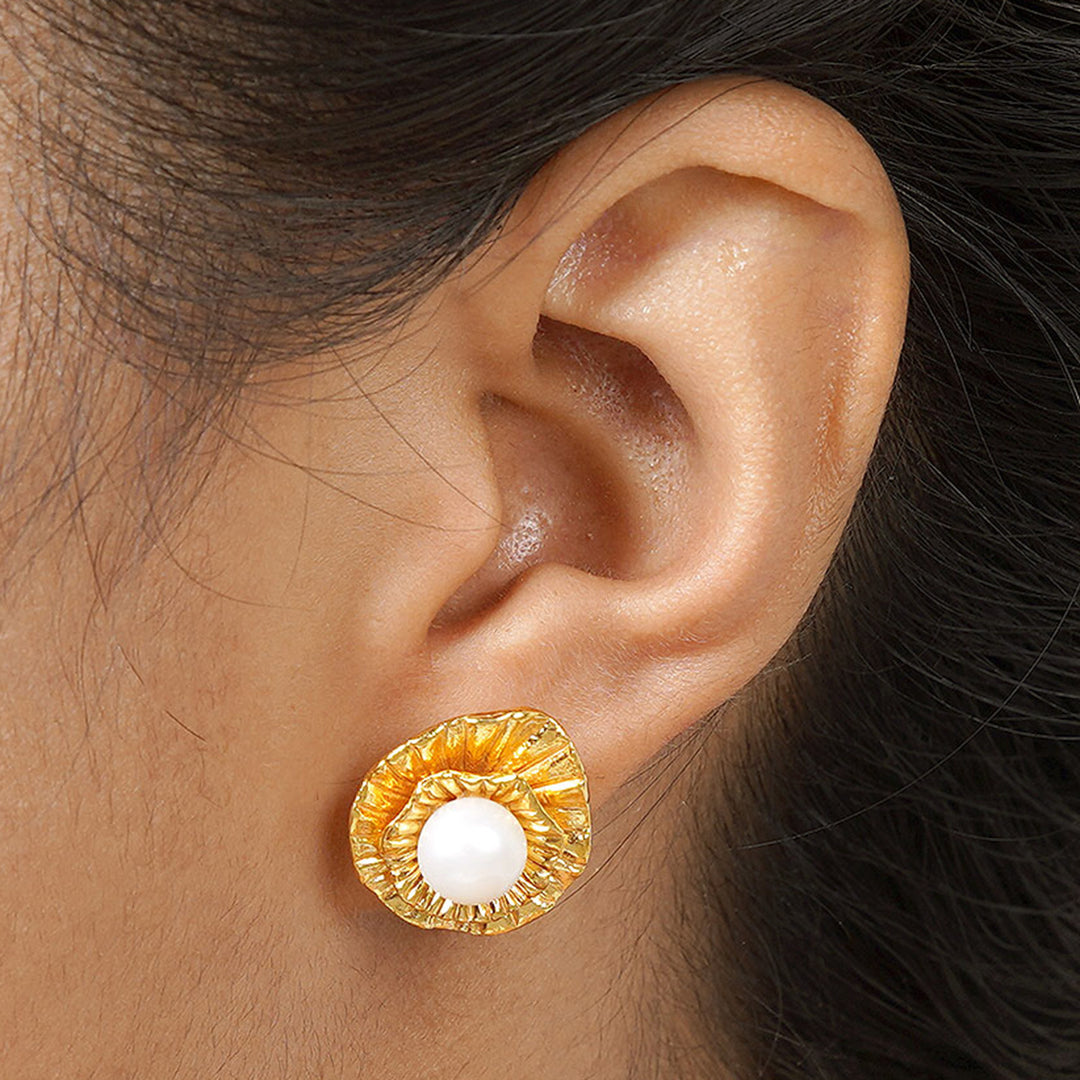 22k Gold-Plated Button Earrings with Cultured Pearls - Pearly Lotus