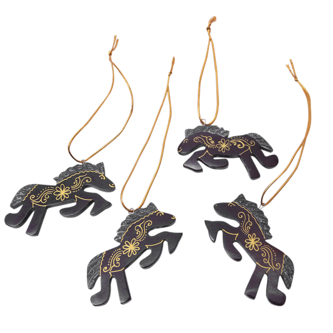Set of 4 Handmade Mahogany Wood Horse Ornaments from Bali - Little Horses