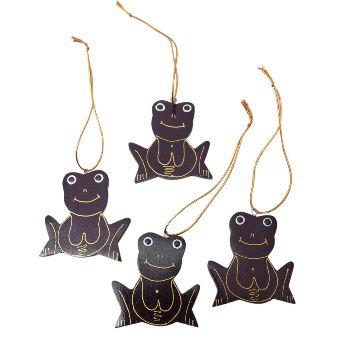 Set of 4 Handmade Mahogany Wood Frog Ornaments from Bali - Merry Frogs