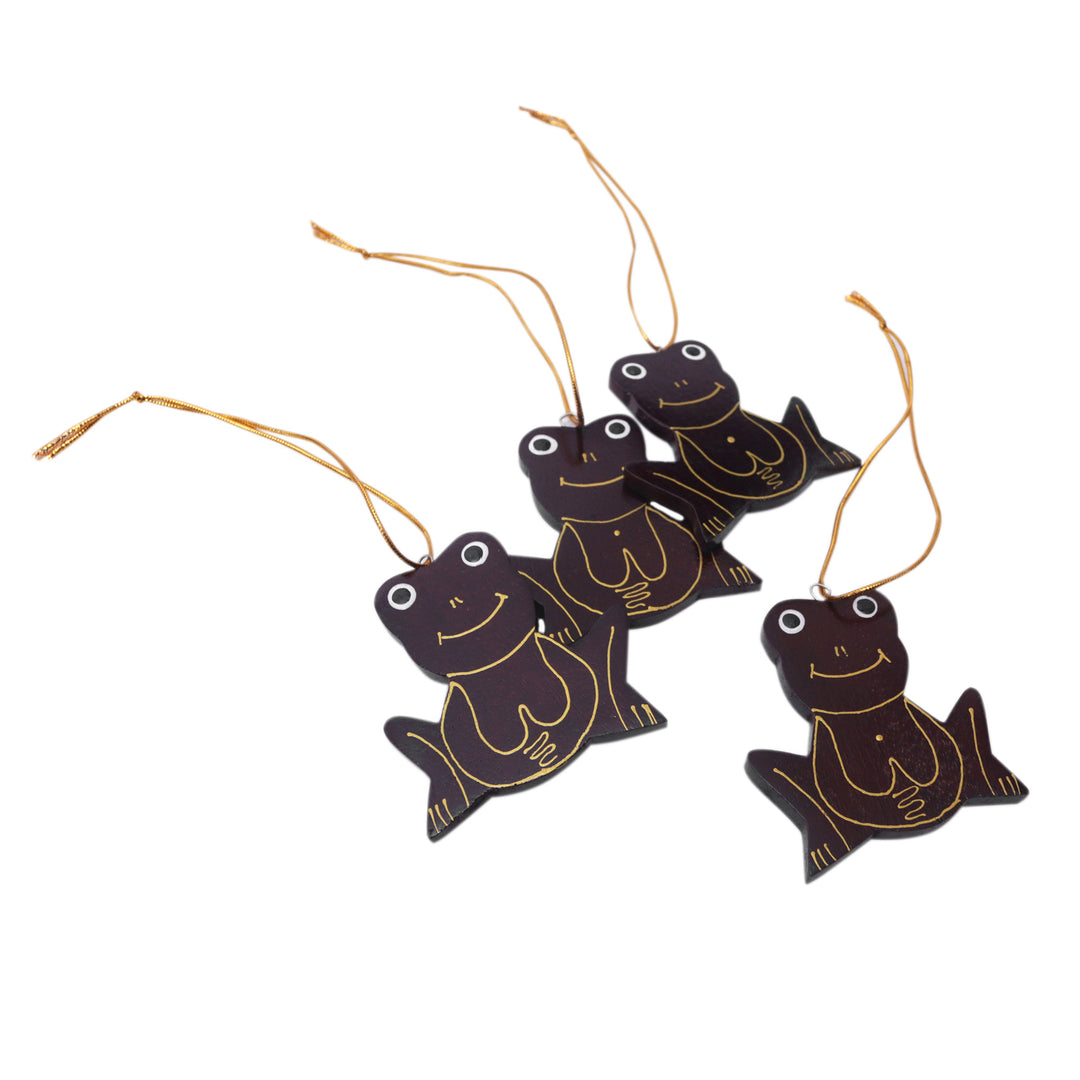Set of 4 Handmade Mahogany Wood Frog Ornaments from Bali - Merry Frogs