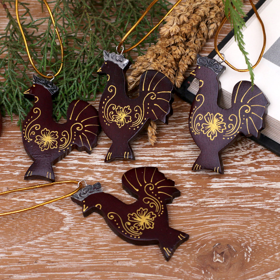 Set of 4 Mahogany Wood Hand-Painted Hen Ornaments - Lovely Hens