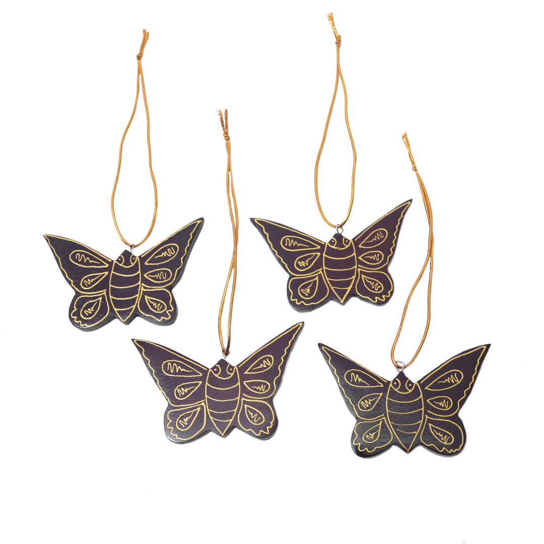 Set of 4 Mahogany Wood Butterfly Ornaments from Bali - Charmed Butterflies