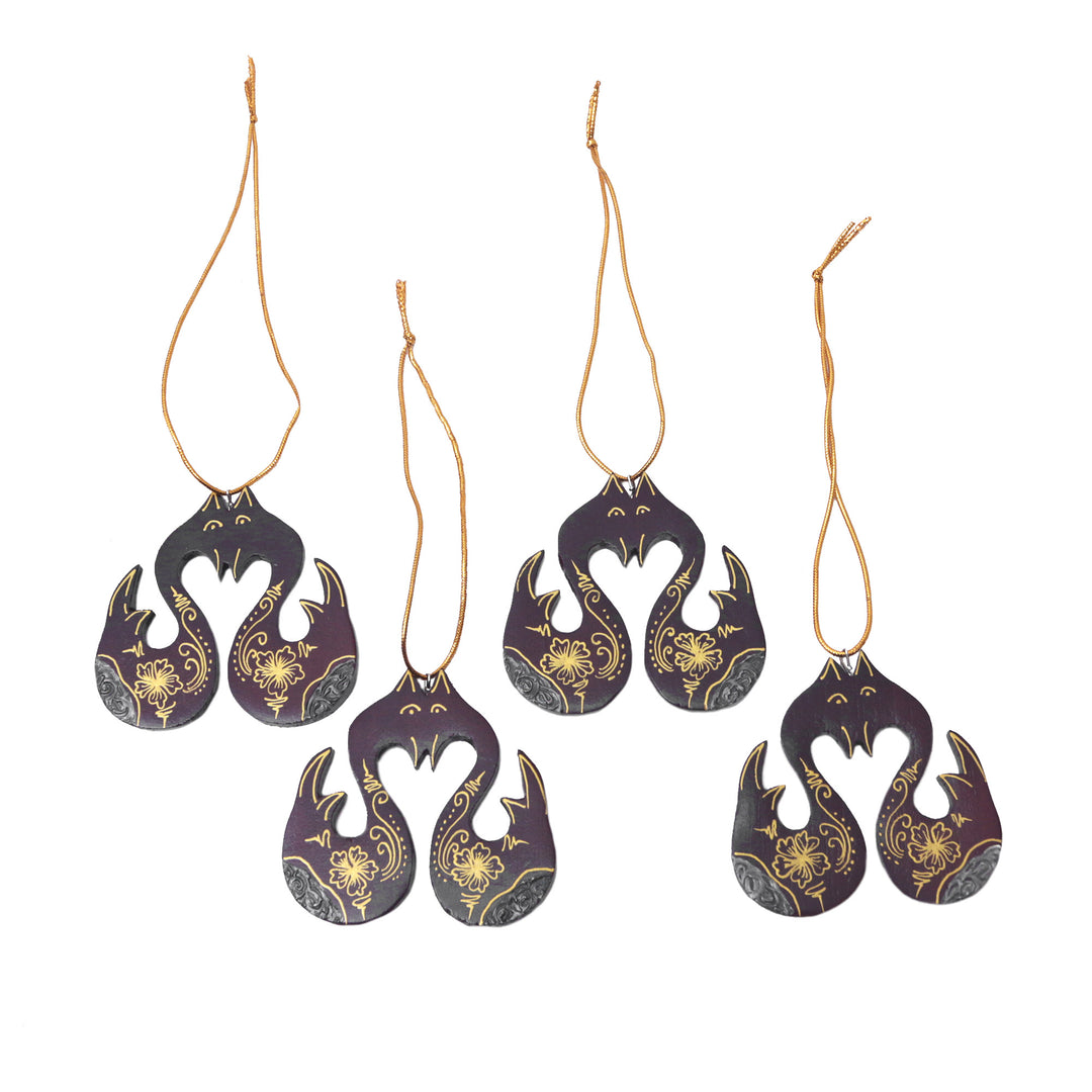 Set of 4 Mahogany Wood Swan Ornaments from Bali - Little Loving Swans