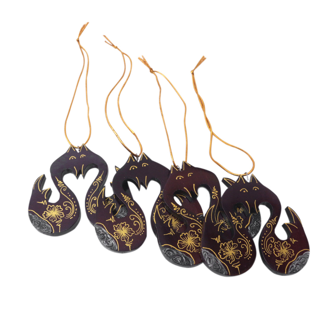 Set of 4 Mahogany Wood Swan Ornaments from Bali - Little Loving Swans