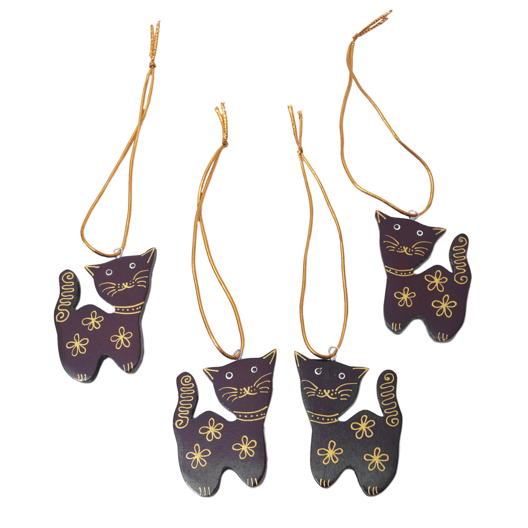 Set of 4 Mahogany Wood Cat Ornaments from Bali - Sweet Felines