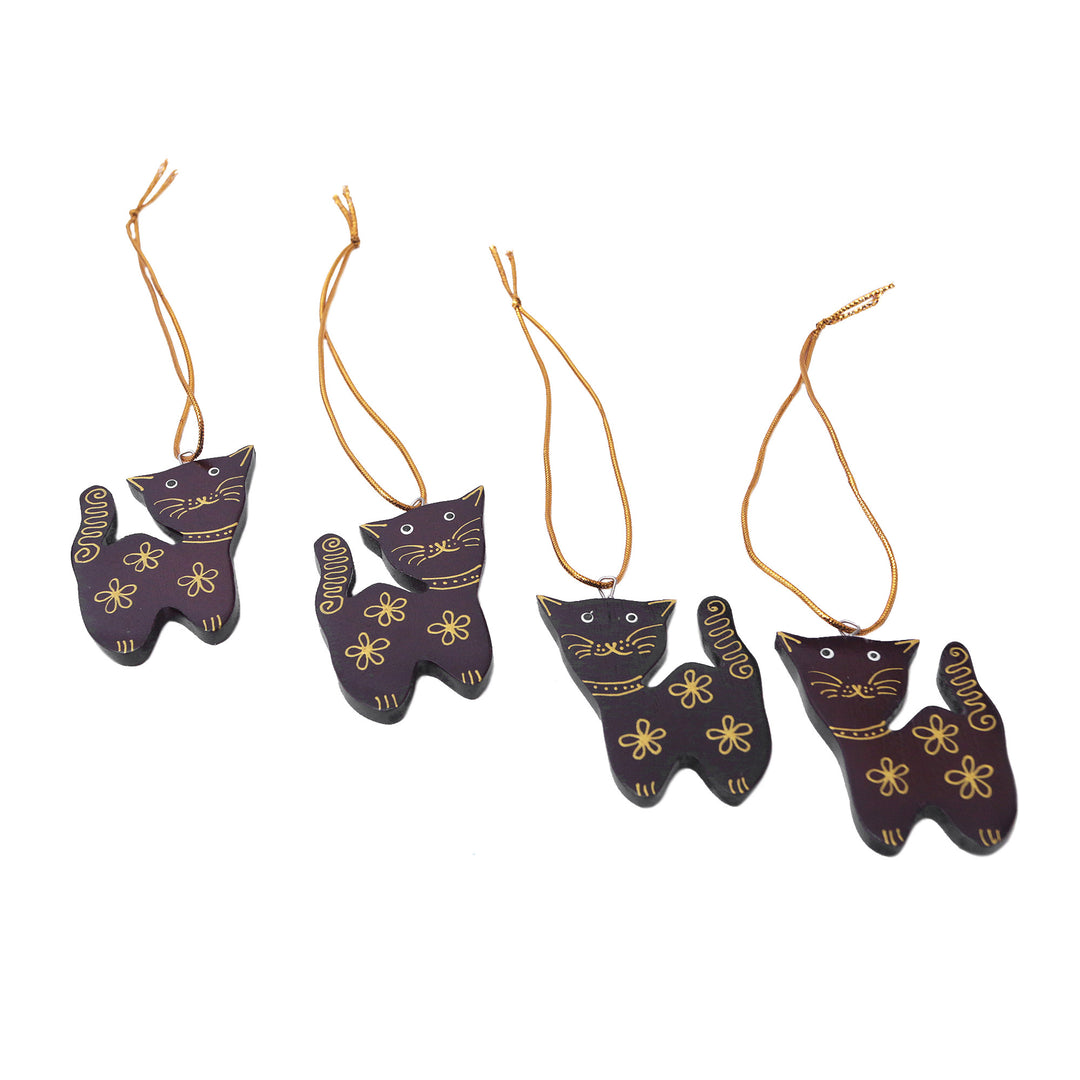 Set of 4 Mahogany Wood Cat Ornaments from Bali - Sweet Felines
