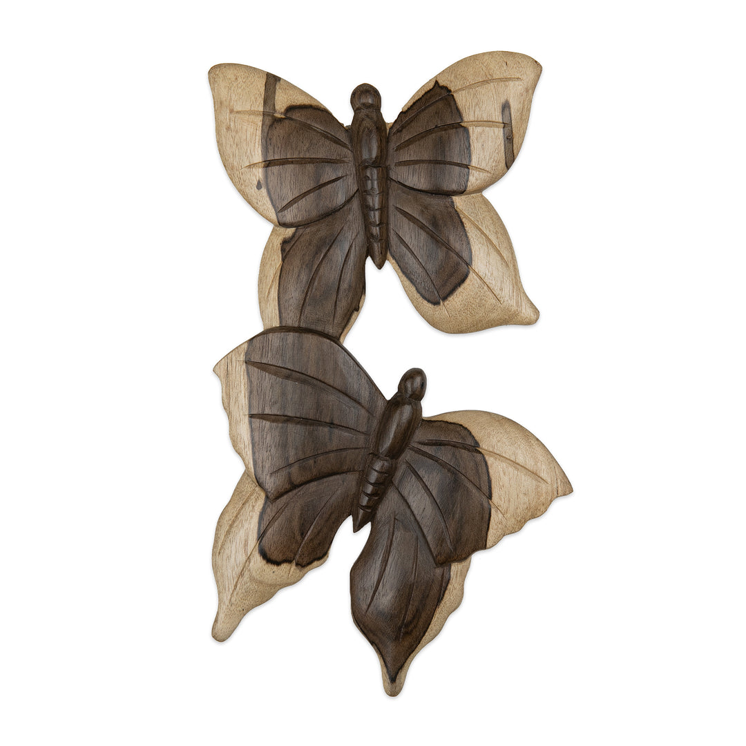Balinese Hibiscus Wood Wall Art with Hand-Carved Butterflies - Fly Butterfly