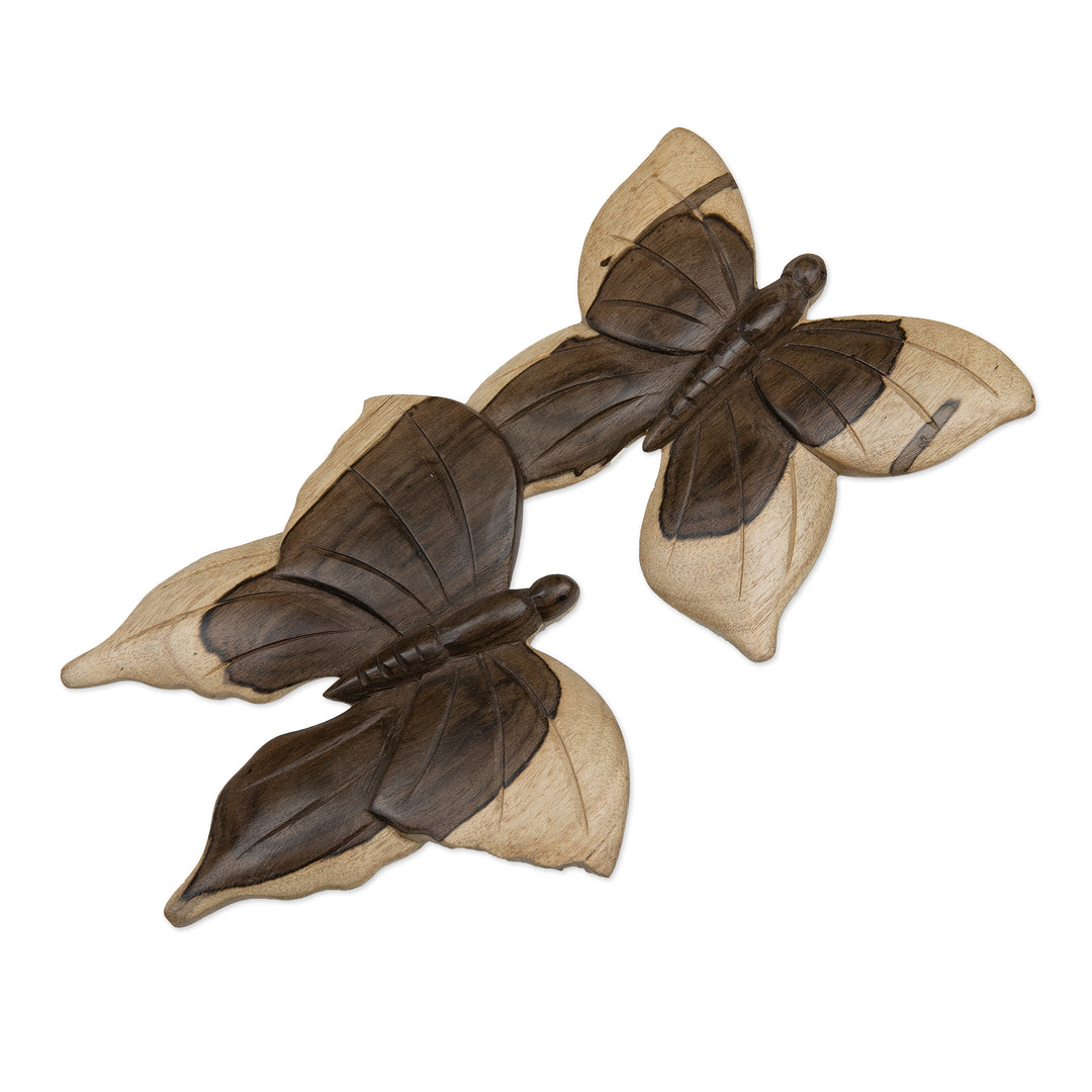 Balinese Hibiscus Wood Wall Art with Hand-Carved Butterflies - Fly Butterfly
