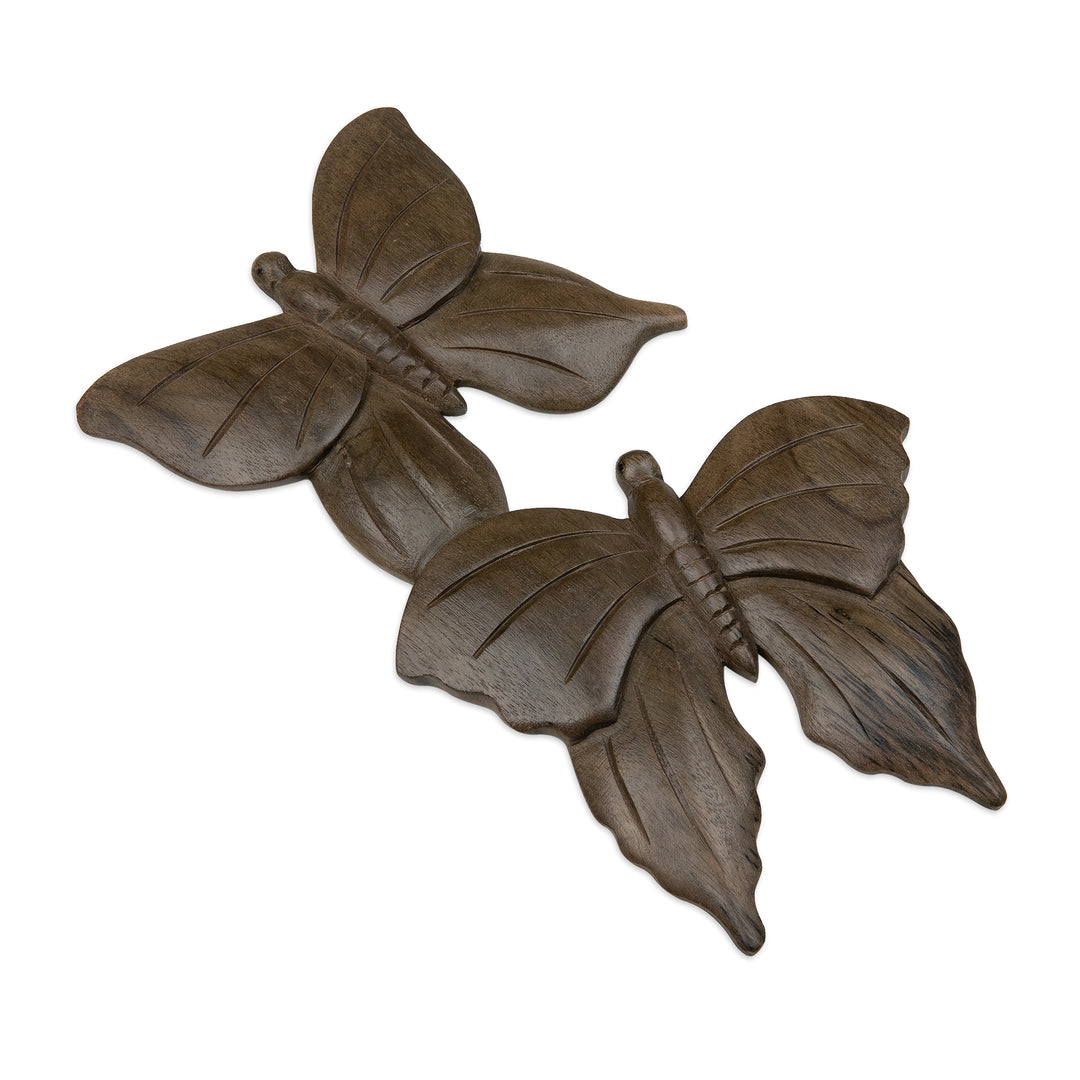 Balinese Hibiscus Wood Wall Art with Hand-Carved Butterflies - Fly Butterfly