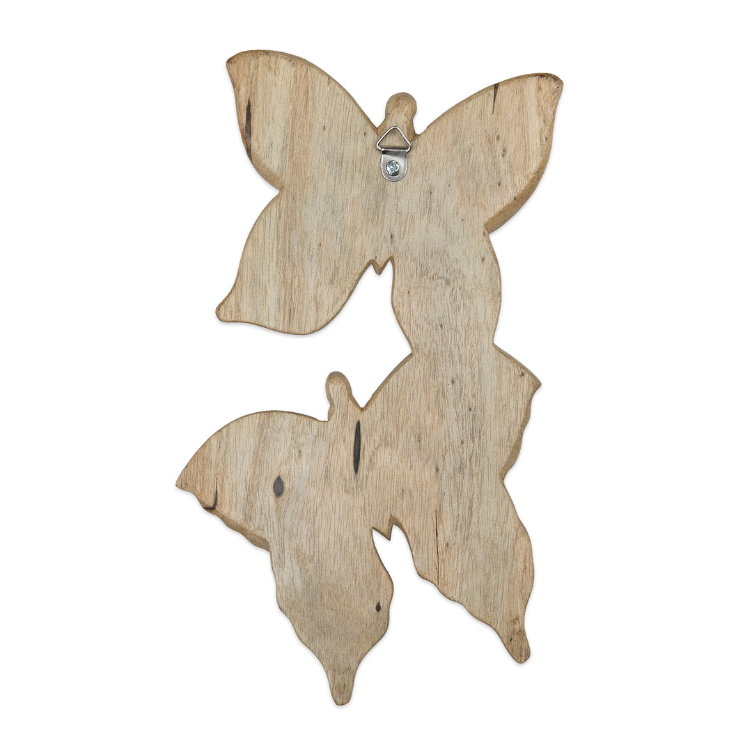 Balinese Hibiscus Wood Wall Art with Hand-Carved Butterflies - Fly Butterfly