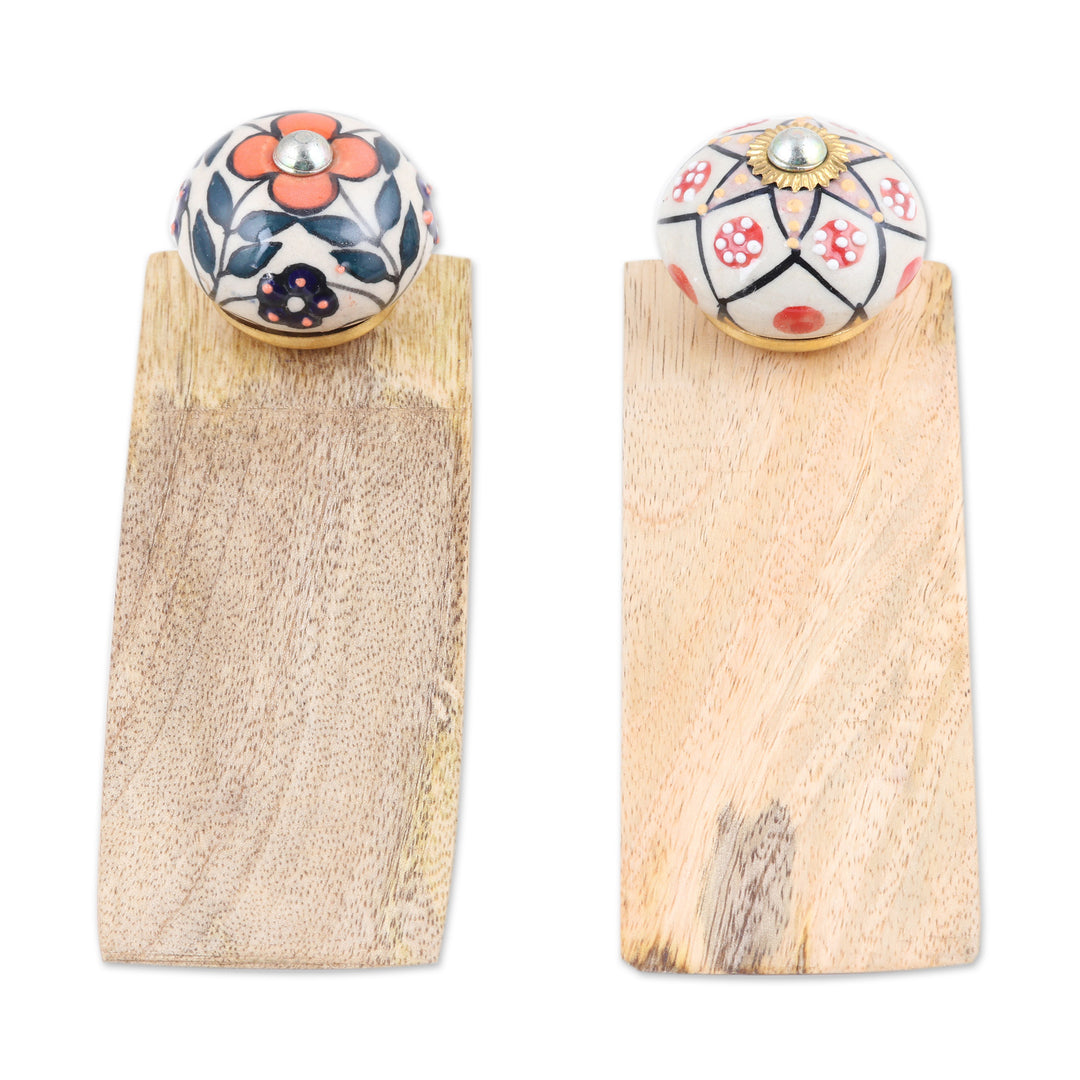 Pair of Wood Ceramic & Brass Door Stoppers Handmade in India - Heavenly Blossoms