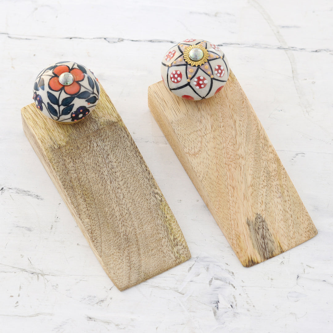 Pair of Wood Ceramic & Brass Door Stoppers Handmade in India - Heavenly Blossoms