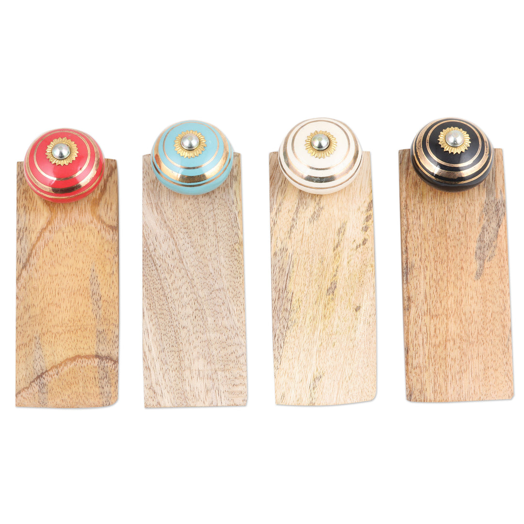 Set of 4 Wood Ceramic Brass Door Stoppers Handmade in India - Colorful Orbs