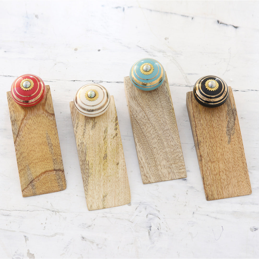 Set of 4 Wood Ceramic Brass Door Stoppers Handmade in India - Colorful Orbs